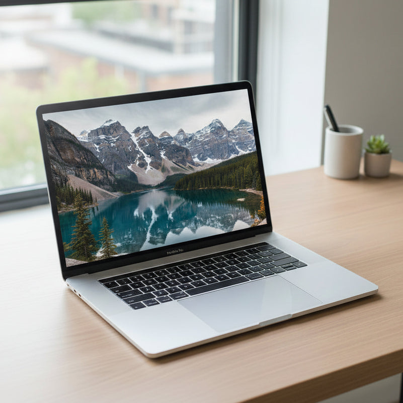 Laptop on a wooden desk with a window in the background