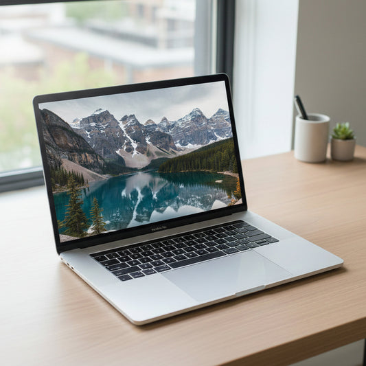 Laptop on a wooden desk with a window in the background