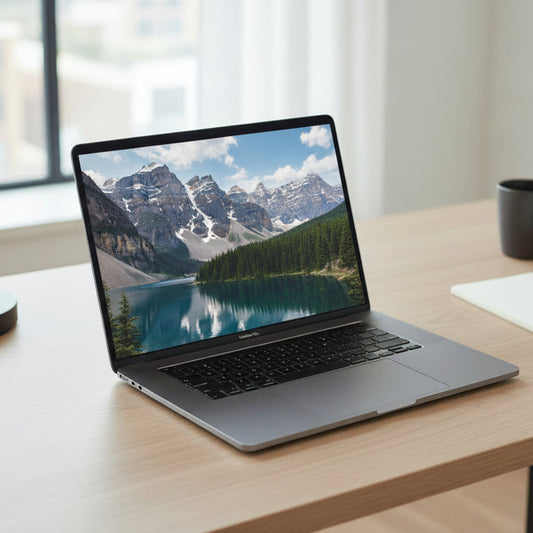 Laptop on a wooden desk with a lamp, mug, and notebook in a bright room.