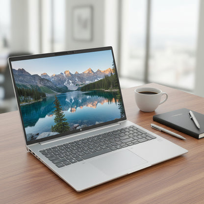 Refurbished HP Laptop on a desk in an office. 