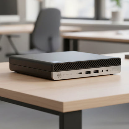 Refurbished HP micro form-factor desktop computer on a desk in an office. 