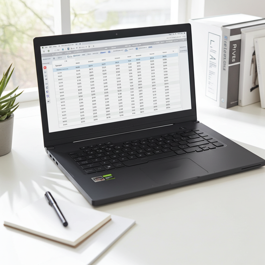 Laptop on a desk with a spreadsheet open, surrounded by books and a plant.